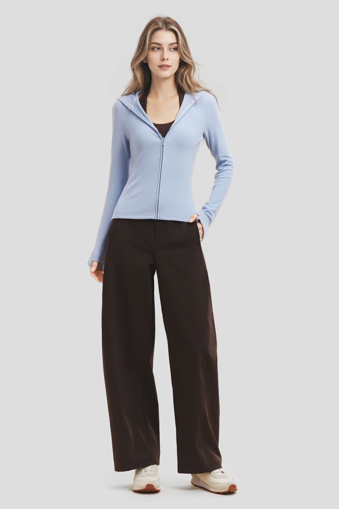 Haut à capuche pour femme en polaire très extensible, fermeture éclair à double sens, couche de base (chaleur intermédiaire) PM023