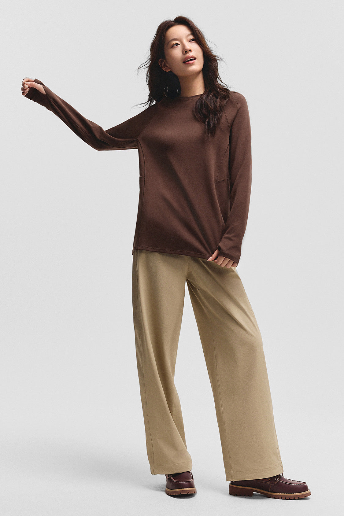 beneunder gopod womens memory cotton stretch long sleeve tee#color_brown